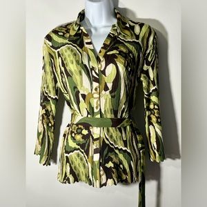 EUC! NICOLA Vintage Bohemian Ruched Detail Dress Shirt Zig Zag Detail Size M